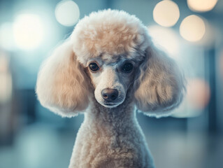 sophisticated poodle with fluffy fur and expressive eyes stands elegantly against blurred background, showcasing its charm and grace. This adorable canine exudes playful yet refined demeanor