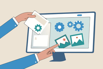 Build website with template customization, SEO optimization for search result, develop app or wireframe, customizable software development concept, hands help building website on computer screen.