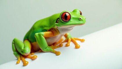Obraz premium Green tree frog perched on white, vibrant skin, macro, isolated object, color