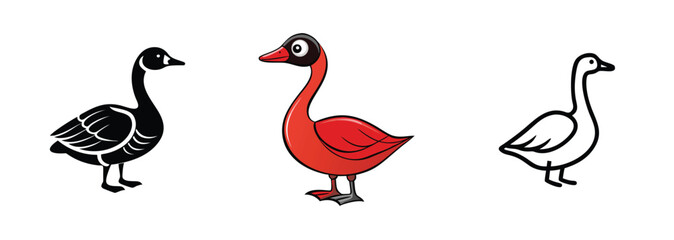 Goose Illustrations Black, Red, White Cartoon Bird Designs