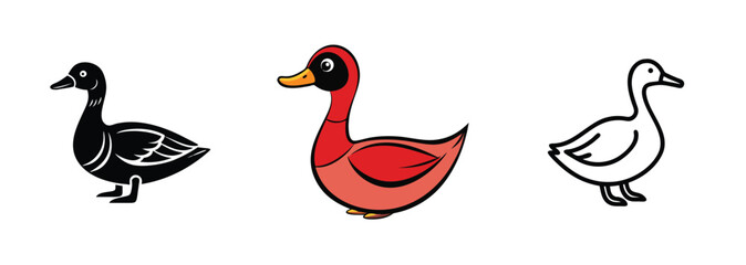 Fototapeta premium Three Goose Illustrations Black, Red, White, Cartoon, Bird, Animal, Farm, Poultry, Design, Graphic