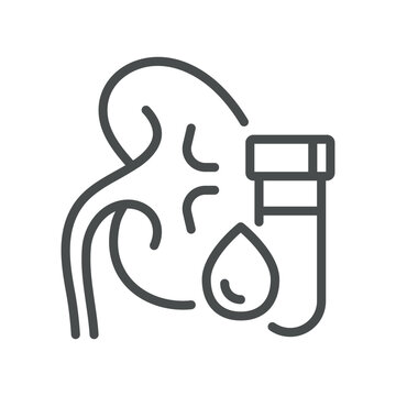 Kidney Panel Blood Test Icon. Outline Vector of Kidney and Blood Tube, Representing Renal Health, Urology, Creatinine, GFR, and Metabolic Function Diagnostics.