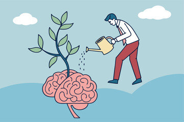 Growth mindset positive attitude to learn new thing, improvement to success, brain motivation or challenge to achieve goal, learning concept, businessman watering growth seedling on his brain.
