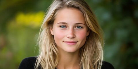 Naklejka premium Woman with natural blonde hair in outdoor setting with soft depth of field and greenery in background showing candid expression and authentic natural beauty under daylight
