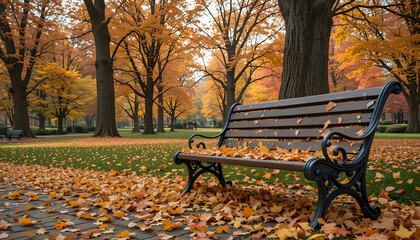 Wooden bench on a path in a colorful autumn park with yellow and orange leaves on the trees and grass