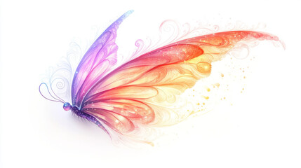 Obraz premium vibrant butterfly with intricate patterns and gradient of colors from purple to orange, showcasing delicate swirls and sparkles, evokes sense of beauty and wonder