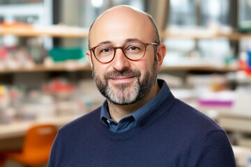 Obraz premium Bald man with glasses smiling in laboratory setting with shelves and workspace in background showing friendly professional energy and intellectual clarity