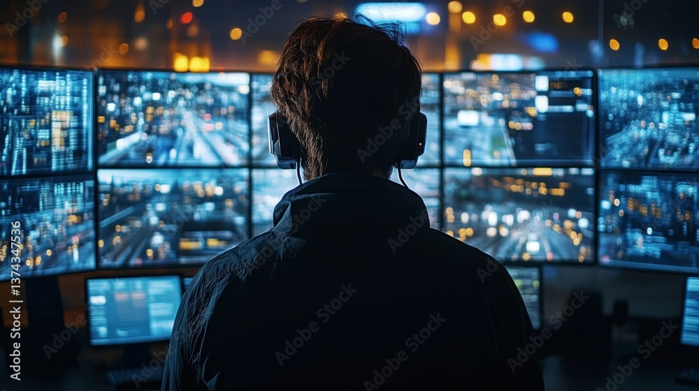 Poster An operator oversees multiple screens displaying a city's transportation routes and traffic flow, enhancing security and automation at night from a control center.