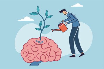 Growth mindset positive attitude to learn new thing, improvement to success, brain motivation or challenge to achieve goal, learning concept, businessman watering growth seedling on his brain.