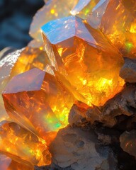 Captivating amber calcite crystal cluster with radiant glow mineral specimen geological formation treasure