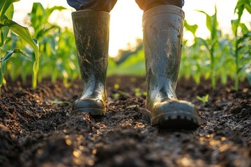 Muddy boots in cornfield at sunset portraying agricultural life and farming with a low angle in a rural setting capturing the essence of harvest season