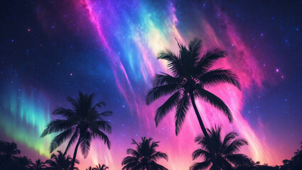 Naklejka premium Silhouette of Lone Palm Tree Against Aurora Borealis and Starry Night