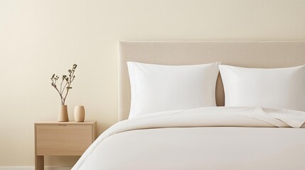Modern bedroom with a beige-colored bed in the center. the bed has a white comforter and two white pillows on top of it.