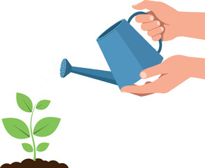 Hands pouring water from a blue watering can onto a small green plant in flat vector art