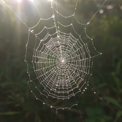 Dew-Kissed Web: Delicate spider web glistening with morning dew droplets, illuminated by the sun's golden rays.