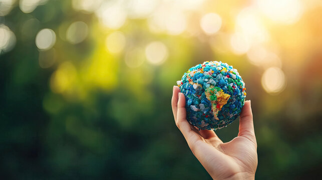 A hand holds a globe made of plastic debris, symbolizing the impact of pollution on the planet amidst a natural, softly illuminated background.