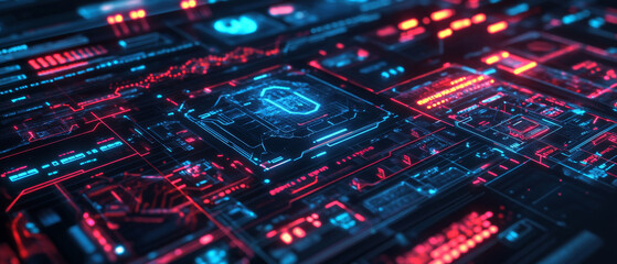 Obraz premium Futuristic digital interface with glowing blue and red elements, showcasing intricate patterns and data displays, evokes sense of advanced technology and cyberpunk aesthetics