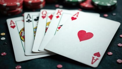 Obraz premium Playing cards arranged in a neat ace high pattern , cards, ace of diamonds, arrangement