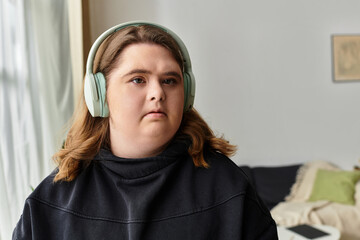 Young woman enjoying a cozy moment at home while listening to her favorite music