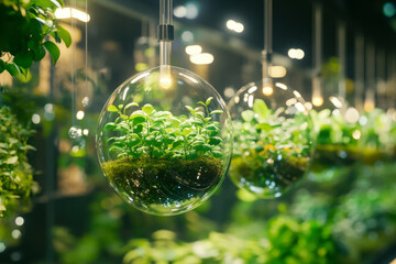 futuristic greenhouse interior showcases vibrant green plants suspended in glass orbs, illuminated by soft lighting. This innovative design creates serene and eco friendly atmosphere