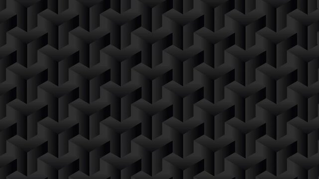 Geometric 3D pattern animation. Black and gold interconnected shapes create a dynamic, luxurious texture. Seamless loop with subtle movement and light effects.