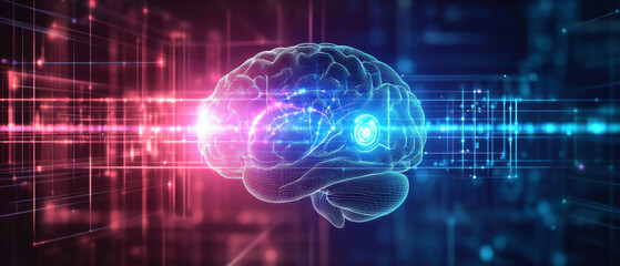 Obraz premium futuristic brain illustration showcasing neural connections and digital elements, symbolizing advanced technology and artificial intelligence. vibrant colors evoke sense of innovation