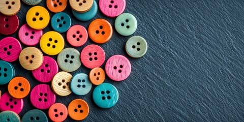 Fototapeta premium Colorful wooden buttons scattered on dark gray background, showcasing a vibrant texture and leaving free space for text or design elements, ideal for craft or textile themes