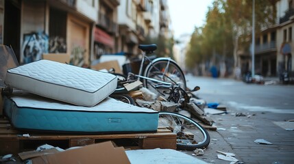 close up shot of mattresses a bicycle and broken furniture thrown in the street in the city of valencia