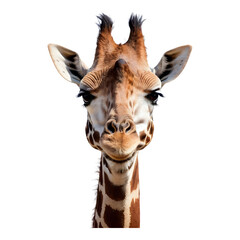 Fototapeta premium Close-up portrait of a giraffe with long neck and expressive eyes.
