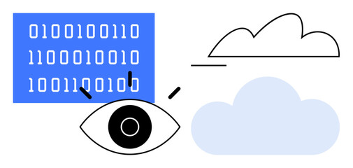 Fototapeta premium Eye focused on binary code near abstract clouds illustrating data analysis, technology, cloud computing, digital security, visualization, artificial intelligence, data management. Flat simple