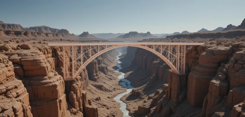  Canyon Crossing An awe inspiring artwork of a bridge elegantly spanning a vast desert canyon, blending seamlessly with the