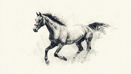 A majestic dark grey horse gallops across a white background, its mane and tail flowing freely. An artistic watercolor effect adds a touch of ethereal beauty.