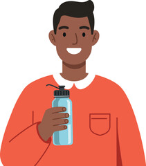 Cheerful young man holding a water bottle in a casual outfit, flat vector illustration