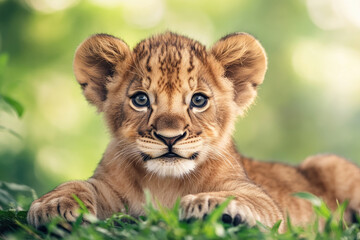 Obraz premium A cute lion cub rests on green grass, gazing curiously with bright eyes, showcasing its youthful charm in a serene natural setting.