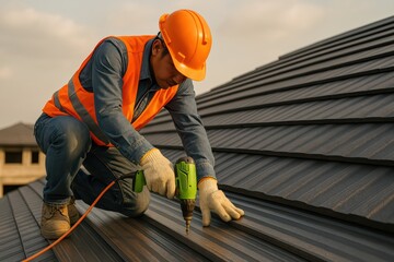 A construction worker install new roof,Roofing tools,Electric drill used on new roofs with Metal Sheet.