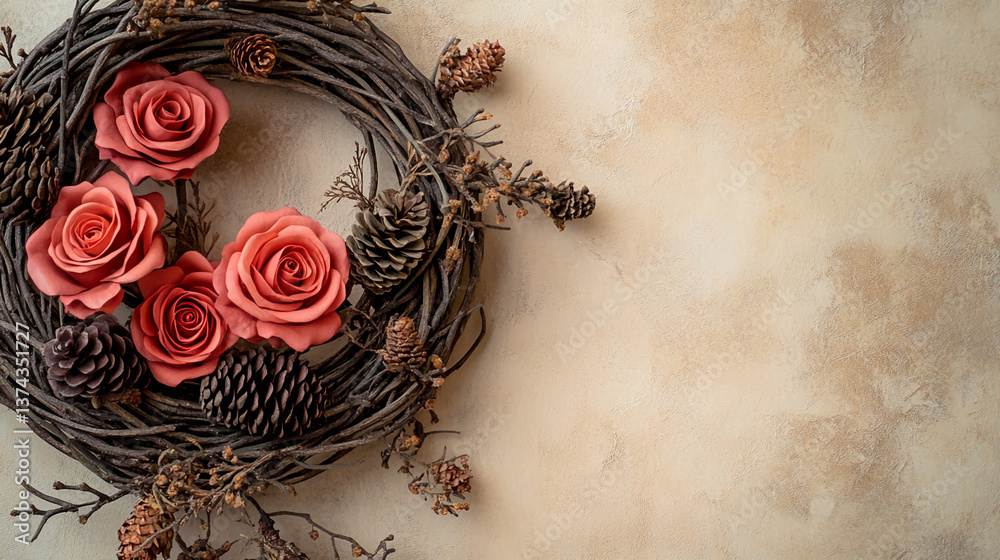 Poster peach-colored roses and pine cones adorn a twig wreath against a beige textured background free spac