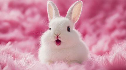 Obraz premium Cute white rabbit surrounded by pink flowers in a cheerful spring setting