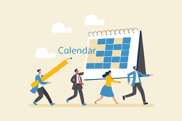 Project schedule, employee timetable, team meeting schedule or appointment, calendar date planning, agenda or project deadline concept, businessman and woman carry big calendar plan with pencil.