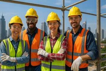 A diverse team of construction workers smiling and posing together on scaffolding, city skyline behind them, wearing full PPE gear including gloves and goggles.