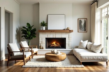 Spacious living room with cozy fireplace, hardwood floors, neutral color palette, cozy, empty room, home decor