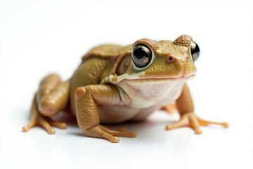 Single brown frog on stark white backdrop, textured skin, photography, isolated, white background