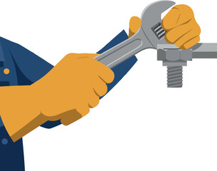 Detailed illustration of a mechanic using a wrench to tighten a bolt in flat vector art