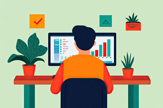 A person analyzes data on a computer, surrounded by plants and visual indicators, representing productivity and a modern workspace.