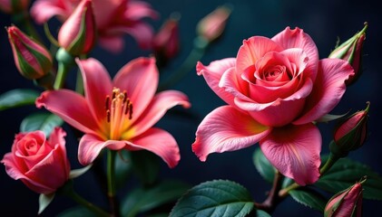 Fototapeta premium Intricate blooming roses & lilies in rich jewel tones , luxury, rich