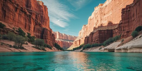 Crystal clear waters in a stunning rocky canyon surrounded by towering cliffs on a sunny day