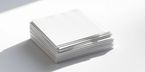 Stack of crisp white square paper tags casting a soft shadow on a clean surface, branding, card stock
