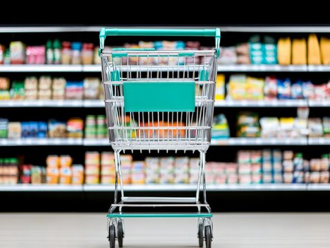 Empty shopping cart in grocery store aisle with shelves full of canned products representing consumerism retail logistics and economic consumption systems