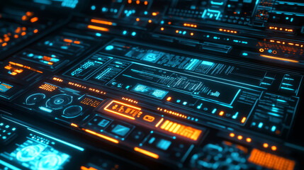 Futuristic digital interface with glowing blue and orange elements, showcasing advanced technology and data visualization. intricate design evokes sense of innovation and high tech environments