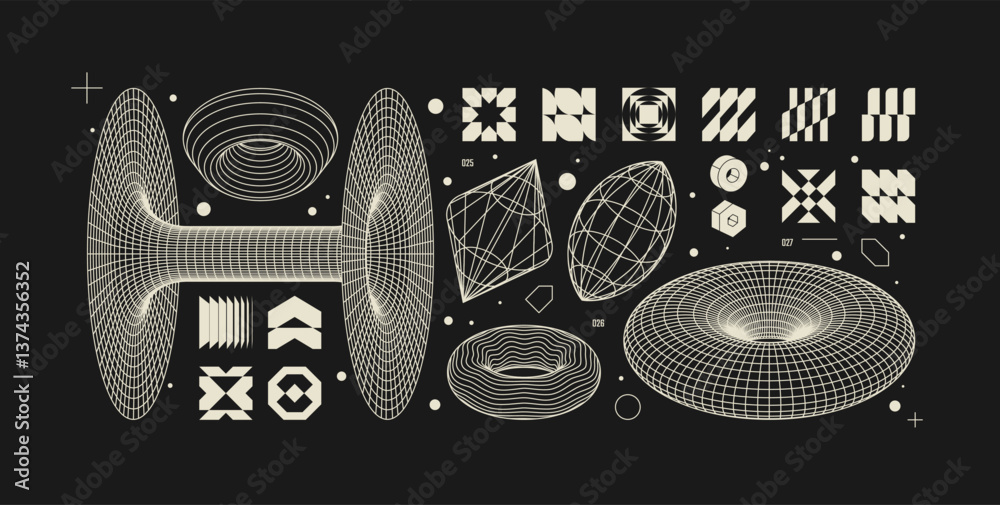 Fototapete vector graphic assets kit acid style, postmodern abstract geometric shapes with wireframe elements o