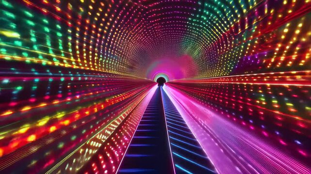 An extraordinary visual journey through a colorful tunnel illuminated by pulsating lights. This mesmerizing display of patterns creates an immersive atmosphere, captivating viewers with dynamic energy